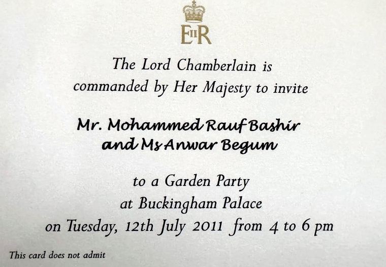 2011 Buckingham Palace Garden Party invitation for Mr. Mohammed Rauf Bashir and Ms Anwar Begum