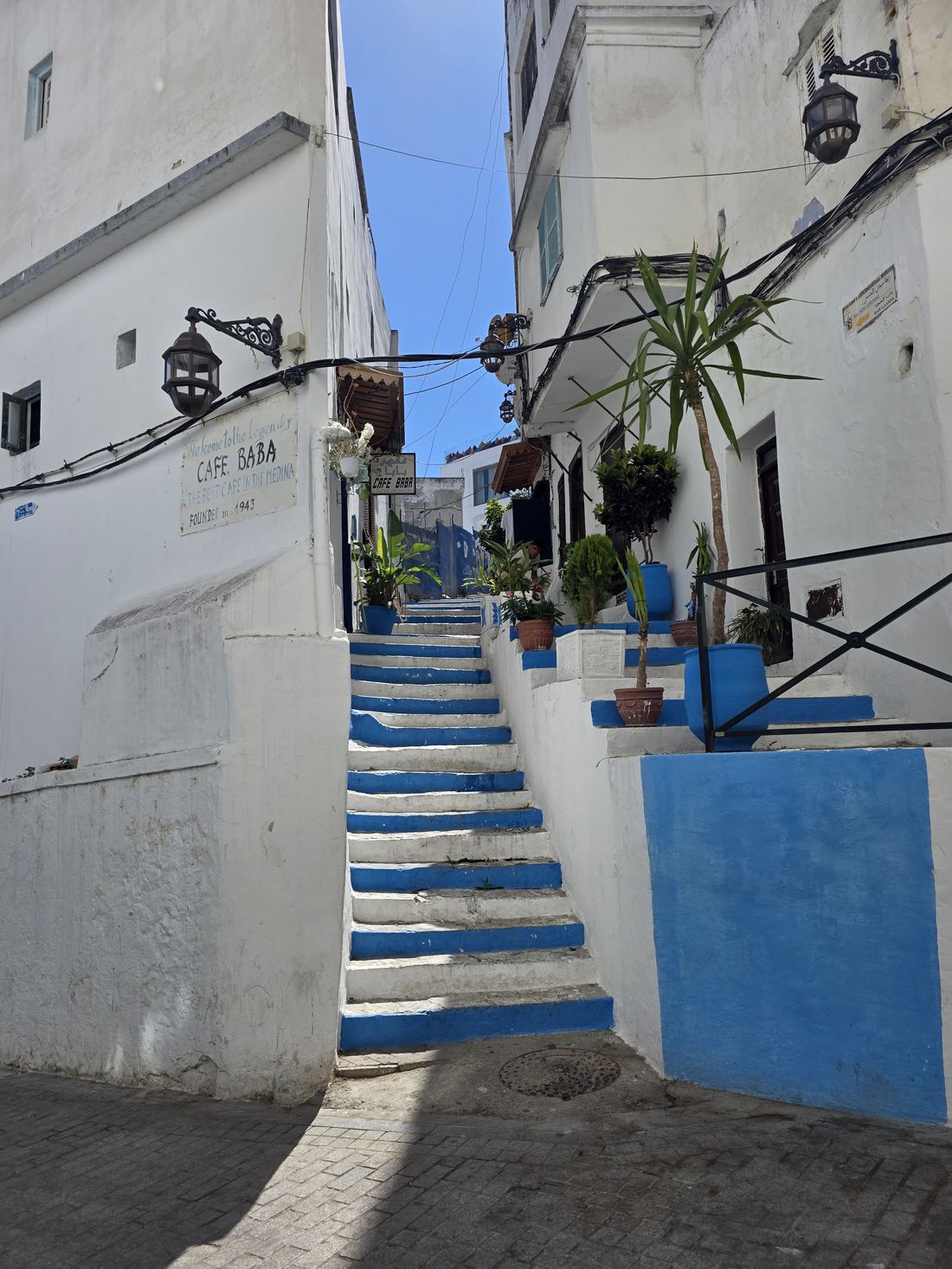 Blue and white stepped alleyway in the medina, Tangier, Morocco