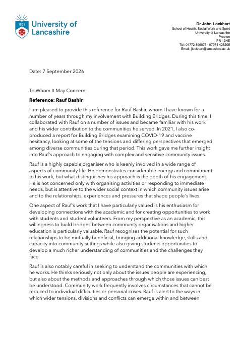 First page of Dr John Lockhart's reference letter