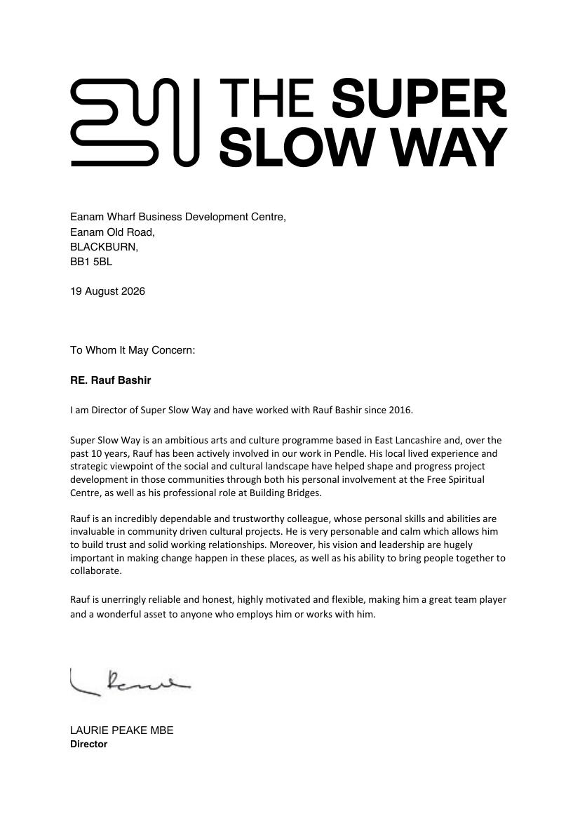 First page of Laurie Peake MBE's reference letter