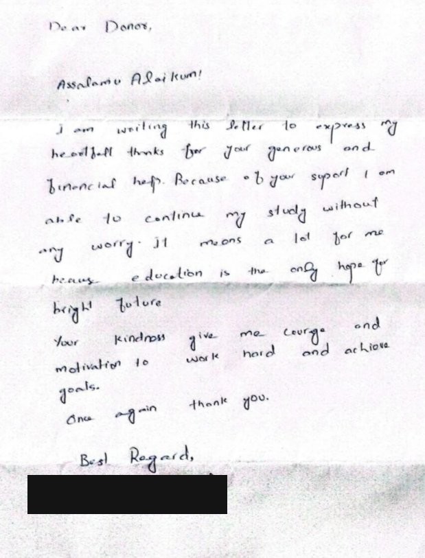 Handwritten thank-you letter from sponsored student