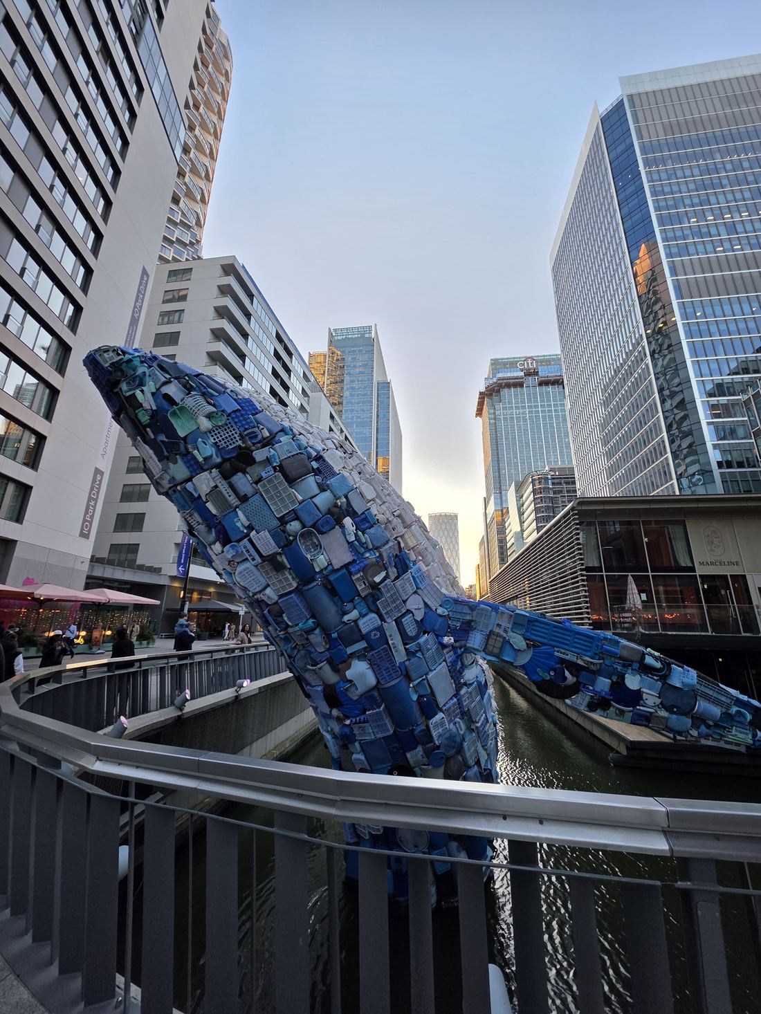 Recycled-plastic whale sculpture, Canary Wharf, London